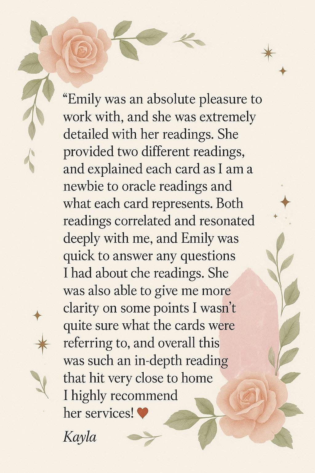 Client reflection from Kayla about her Bud & Bloom reading experience